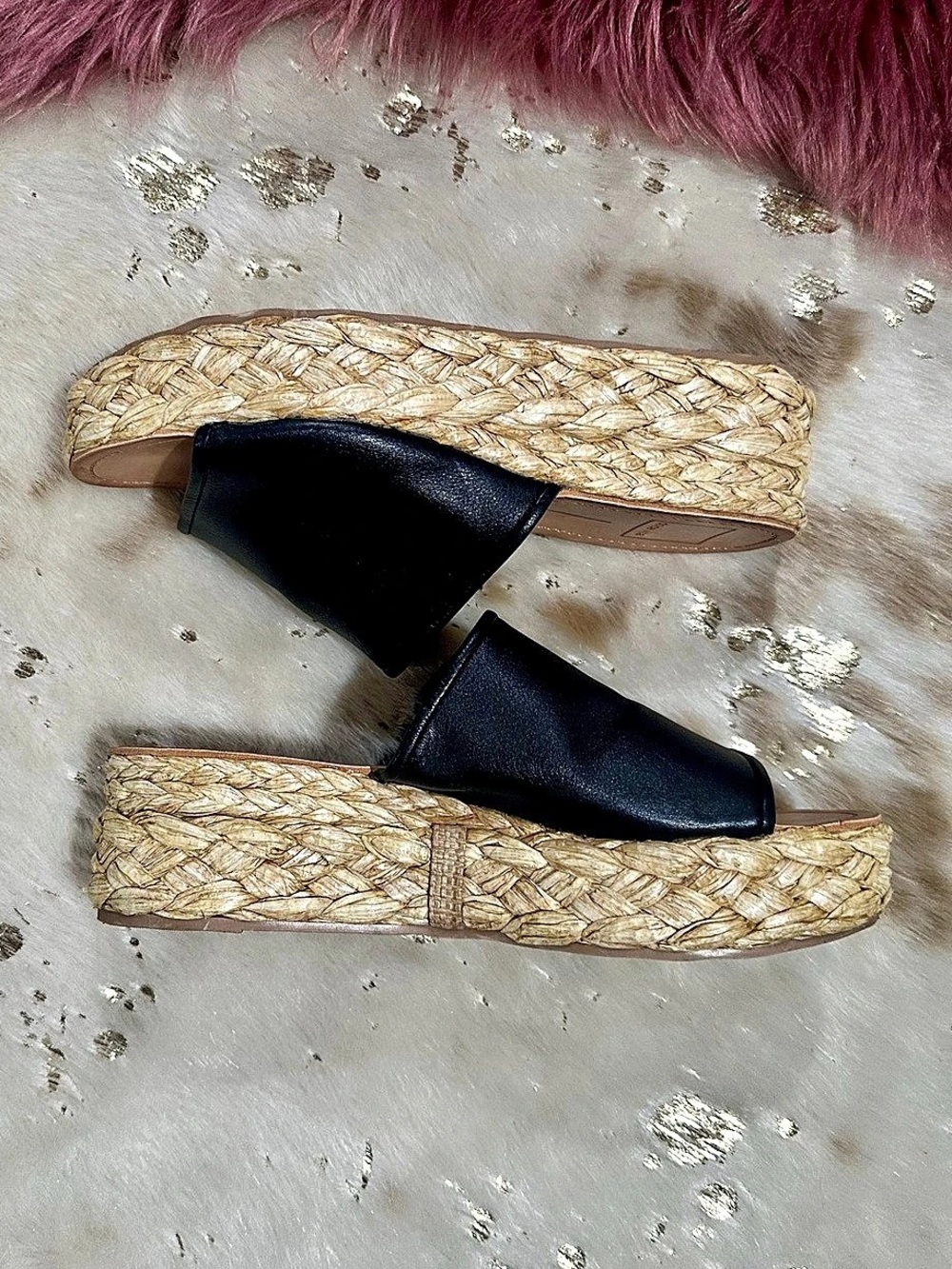 Dolce Vita Helan Espadrille Wedge Black Platform Slide Sandals